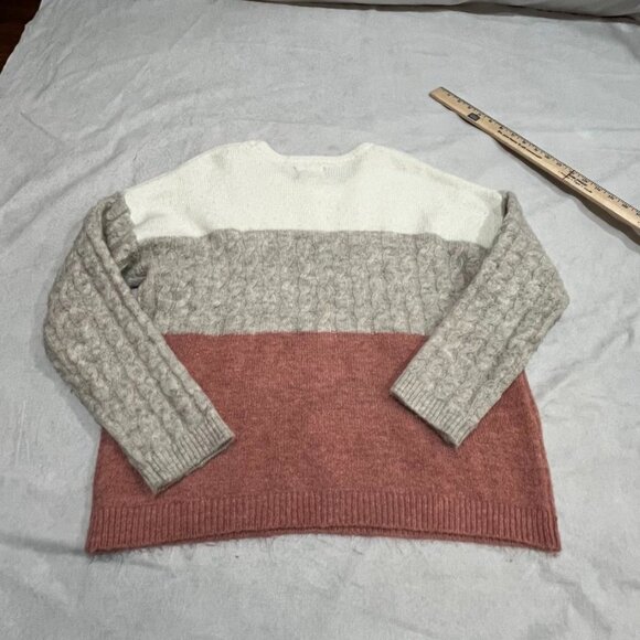 Twine & String Colorblock Cable Knit Cozy Pullover Sweater Cream Gray Pink XL - Picture 3 of 11